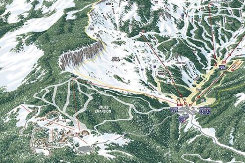 This image is a detailed trail map of Mission Ridge Ski & Board Resort, highlighting the current ski terrain along with a clearly marked "Future Expansion" area. The map features existing trails and lifts such as Otto’s Outback, Jumper’s Paradise, Castle Peak, and Bowl 4, as well as base area amenities like the Hampton Lodge, Base Facilities, and Ski School.